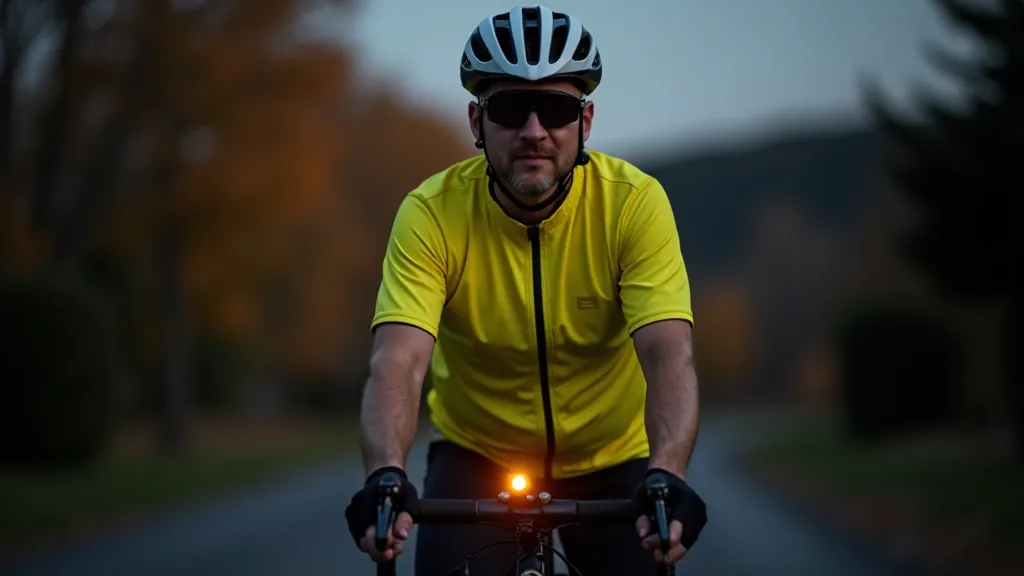 Rowerzysta w jasnym ubraniu z odblaskową kamizelką i włączonymi światłami przednimi podczas zmierzchu