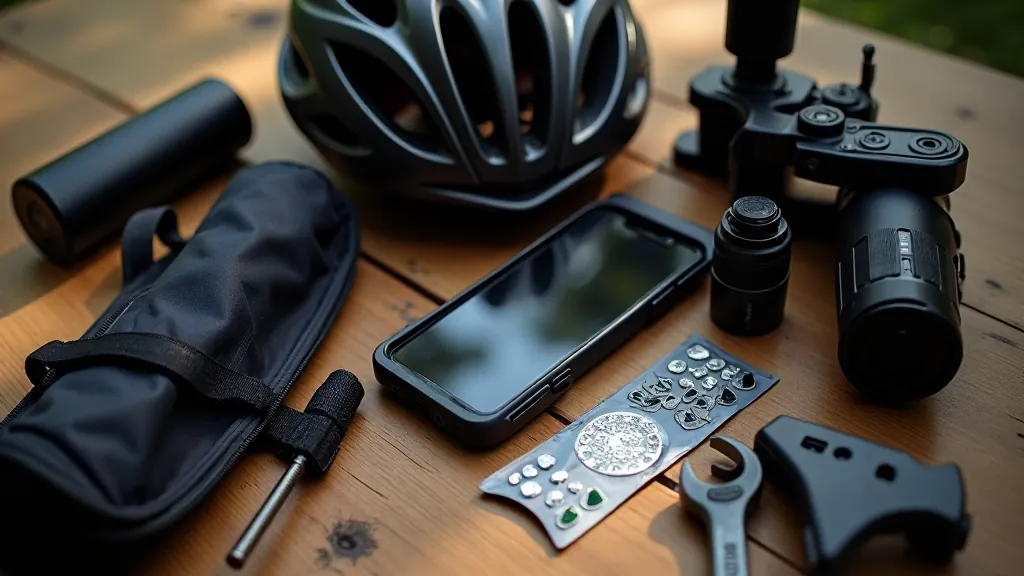 Kask rowerowy, telefon w etui wodoszczelnym i butelka wody na stole