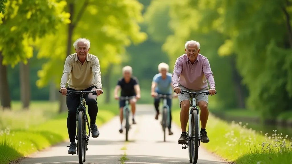 Seniorzy na rowerach na ścieżce obok Wisły, widok na rzekę, zielone drzewa