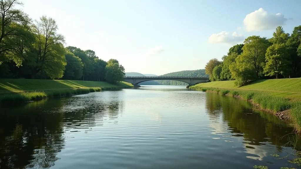 Wisła, rzeka, most w tle, brzeg z trawą i drzewami