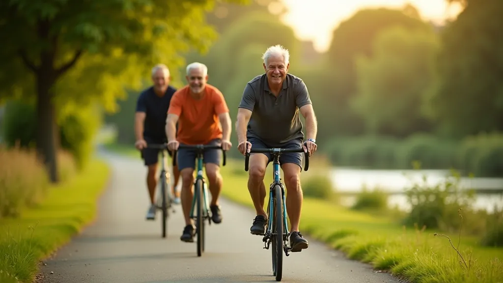 Seniorzy na rowerach wzdłuż Wisły, rzeka w tle, słoneczny dzień