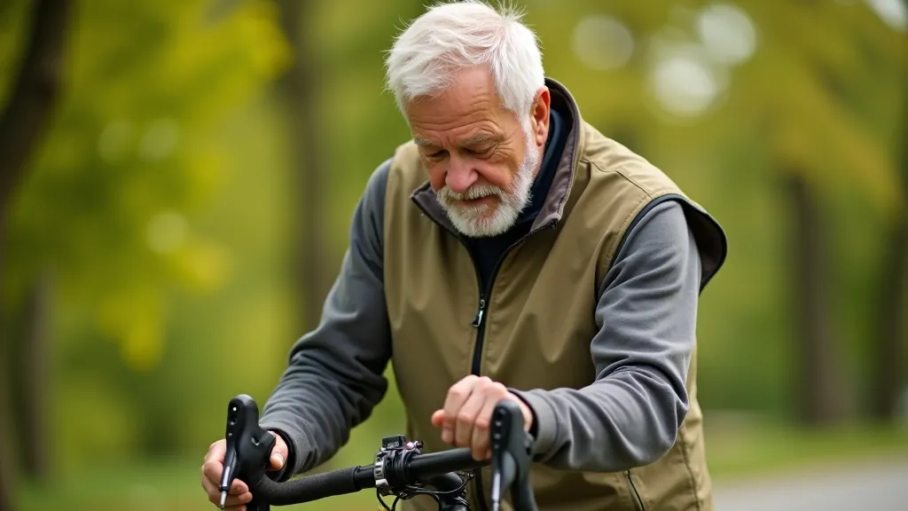 Senior mężczyzna kontroluje opuszczenie siodełka na rowerze, ponad ziemią, żółta kamizelka bezpieczeństwa
